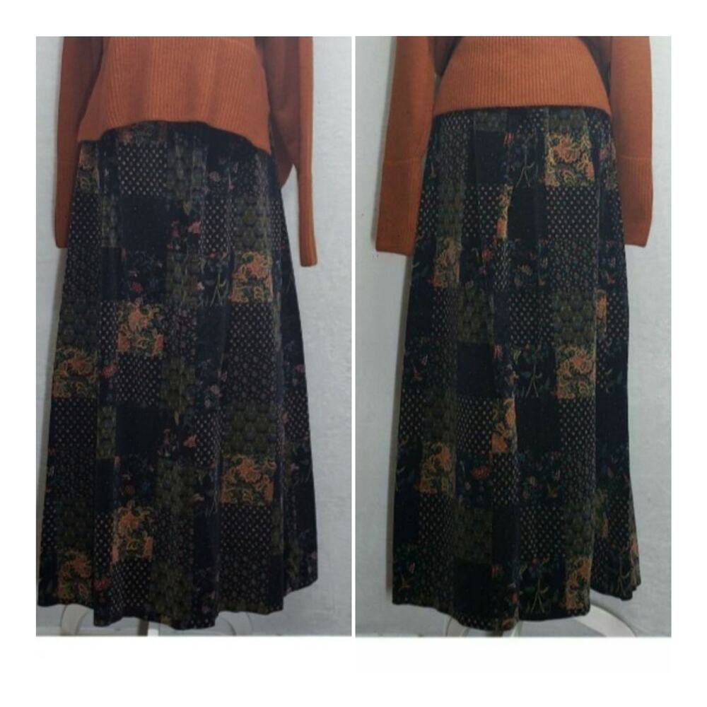 VTG Handmade Velvet Maxi Skirt Sz S Navy Blue Floral Paisley Bird Whimsigoth